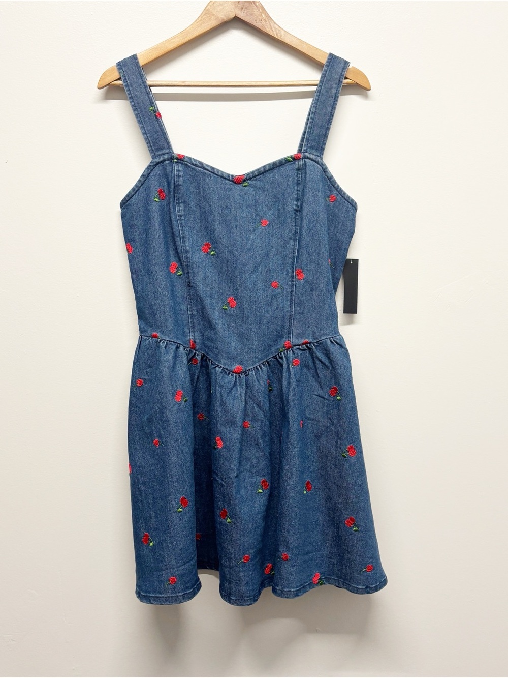 Red Cherry Embroidery Denim Drop-Waist Mini Dress Summer Casual Size M